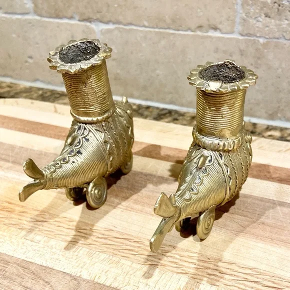 Candle Stand / Holder - Brass Dhokra Fish Shape - Vintage - Handmade Set of 2 - Picture 9 of 9